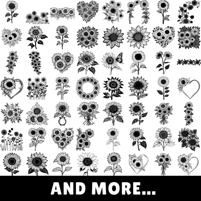 Pode incluir: Uma cole&ccedil;&atilde;o de ilustra&ccedil;&otilde;es de girass&oacute;is em preto e branco. Os girass&oacute;is est&atilde;o em v&aacute;rias poses, incluindo florescendo, brotando e em uma coroa. O texto "AND MORE..." est&aacute; na parte inferior da imagem.