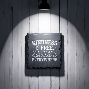 May include: Black slate sign with white text that reads "KINDNESS IS FREE, Sprinkle it EVERYWHERE".