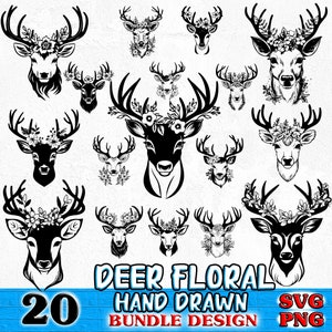 May include: A set of 20 black and white hand-drawn deer head illustrations with floral accents. The deer have antlers and are adorned with flowers. The text "Deer Floral Hand Drawn Bundle Design SVG PNG" is at the bottom of the image.