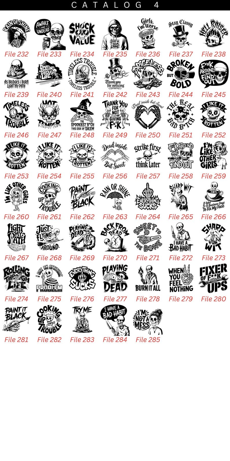 K&ouml;nnte beinhalten: Eine Katalogseite mit schwarz-wei&szlig;en Grafikdesigns. Die Designs umfassen Sch&auml;del und Phrasen. Der Text enth&auml;lt S&auml;tze wie "Awake Undead", "Shock Value" und "Rolling Through Life".