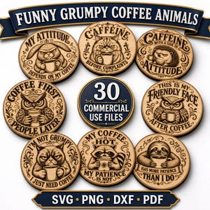 Funny Grumpy Coffee Animal Svg Png Pdf Dxf files for Coaster Designs Digital Download