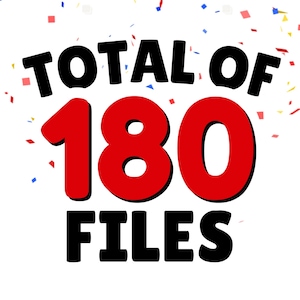 May include: A white background with red confetti and the text "TOTAL OF 180 FILES" in black.