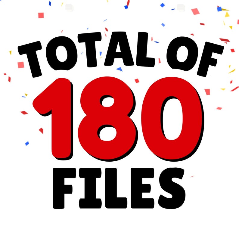 May include: A white background with red confetti and the text "TOTAL OF 180 FILES" in black.