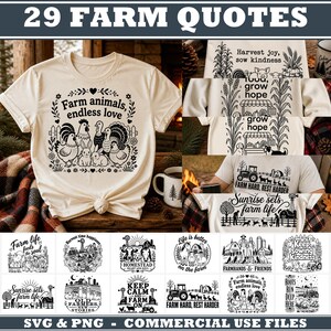 May include: A collection of 29 farm-themed graphic designs for t-shirts, featuring illustrations of farm animals, tractors, barns, and crops. The text includes phrases like Farm animals, endless love, Harvest joy, sow kindness, and Farm hard, rest harder.