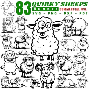 May include: A collection of 83 quirky sheep illustrations in black and white. The image includes various sheep designs, some with exaggerated features and expressions. Text reads "83 Quirky Sheep Bundle Commercial Use SVG - PNG - DXF - PDF".