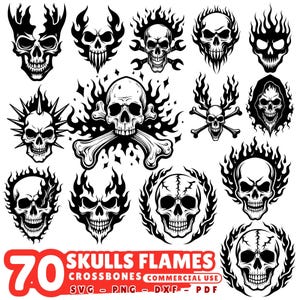 Puede incluir: Una colección de 70 diseños de calaveras en blanco y negro con llamas, calaveras y varios estilos. La imagen incluye el texto "SKULLS FLAMES CROSSBONES COMMERCIAL USE SVG - PNG - DXF - PDF".
