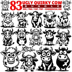 Può includere: Una collezione di 83 illustrazioni di mucche dei cartoni animati in bianco e nero. Le mucche hanno varie espressioni e pose, con il testo "Ugly Quirky Cow Bundle" in alto. Il pacchetto include file SVG, PNG, DXF e PDF per uso commerciale.