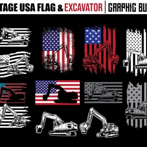 Könnte beinhalten: Ein digitales Grafikpaket mit Vintage-Designs der amerikanischen Flagge, auf denen jeweils ein Bagger abgebildet ist. Die Flaggen sind in verschiedenen Stilen gehalten, darunter abgenutzt und verblasst, und der Bagger ist in verschiedenen Positionen dargestellt. Das Paket enthält 10 verschiedene Designs.