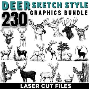 May include: A collection of 230 black and white deer illustrations in a sketch style. The illustrations include various poses of deer, including standing, running, and lying down. The illustrations are perfect for use in crafting, scrapbooking, and other creative projects.