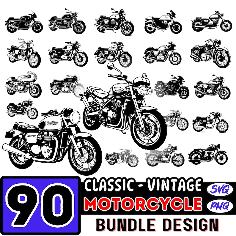 May include: A collection of 90 black and white vintage motorcycle illustrations. The illustrations are in a classic style and feature various motorcycle designs. The text "CLASSIC - VINTAGE MOTORCYCLE BUNDLE DESIGN" is at the bottom of the image. The text "SVG PNG" is also at the bottom of the image.