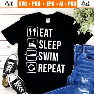 May include: Black t-shirt with white text that reads "Eat Sleep Swim Repeat" with icons representing each word.