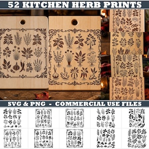 May include: A digital collection of 52 kitchen herb prints featuring various botanical illustrations of herbs, spices, and aromatics. The designs are presented in dark brown on light wood backgrounds and as black silhouettes, available as SVG and PNG files.