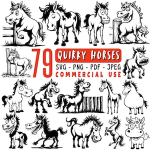 Könnte beinhalten: Eine Sammlung von 79 skurrilen Pferdeillustrationen in Schwarz und Weiß. Das Bild enthält verschiedene Cartoon-Pferde-Designs mit dem Text "79 Quirky Horses" und Dateitypoptionen: SVG, PNG, PDF und JPEG, für kommerzielle Nutzung.