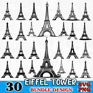 May include: A set of 30 black and white Eiffel Tower SVG and PNG designs. The designs are in various sizes and styles.