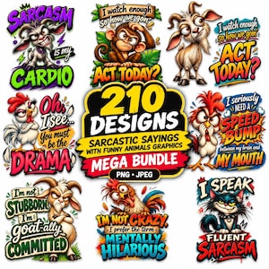 Puede incluir: Una colección digital de 210 diseños gráficos con animales de dibujos animados y frases sarcásticas. El paquete incluye ilustraciones de cabras, monos, pollos y un gato, cada uno acompañado de leyendas humorísticas y divertidas.