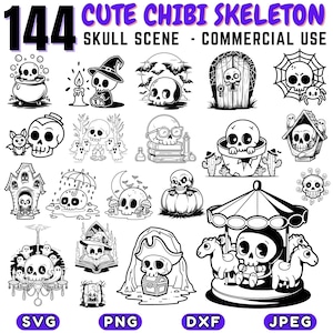 Pode incluir: Um conjunto de 144 ilustrações em preto e branco de esqueletos chibi fofinhos em várias poses e cenários. As ilustrações são perfeitas para artesanato de Halloween, scrapbooking e projetos de design digital.