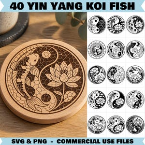 Pode incluir: Um porta-copos redondo de madeira com um design yin yang gravado a laser apresentando um peixe koi e uma flor de lótus. A imagem inclui uma grade de 15 variações gráficas circulares em preto e branco. O texto no topo diz 40 YIN YANG KOI FISH.