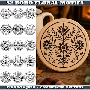 May include: A collection of 52 circular black and white floral motifs presented as digital files. The set includes various botanical designs featuring flowers, leaves, and stems. A round wooden coaster displays one of these intricate floral patterns.