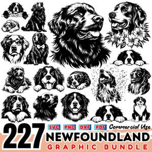 Ensemble SVG de chien de Terre-Neuve | Fichiers DXF pour Cricut | Amoureux des chiens des cliparts | Utilisation commerciale | Chien de Terre-Neuve couper des fichiers