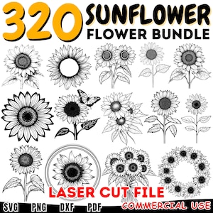 May include: A set of 320 black and white sunflower flower SVG cut files. The files are for commercial use and include a variety of sunflower designs, including single sunflowers, bouquets, wreaths, and more.