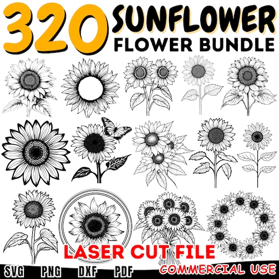 Sunflower Laser Cut Files SVG DXF Bundle | Floral Patterns | CNC Ready Glowforge Designs | Commercial Use | Vector Clipart Instant Download