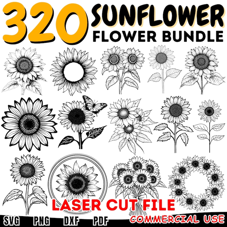 Pode incluir: Um conjunto de 320 arquivos de corte SVG de flores de girassol em preto e branco. Os arquivos s&atilde;o para uso comercial e incluem uma variedade de designs de girassol, incluindo girass&oacute;is individuais, buqu&ecirc;s, coroas e muito mais.