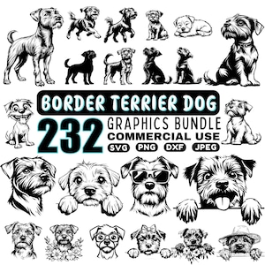May include: A digital graphics bundle of 232 black and white illustrations of Border Terrier dogs in various poses. The bundle includes SVG, PNG, DXF, and JPEG files for commercial use.