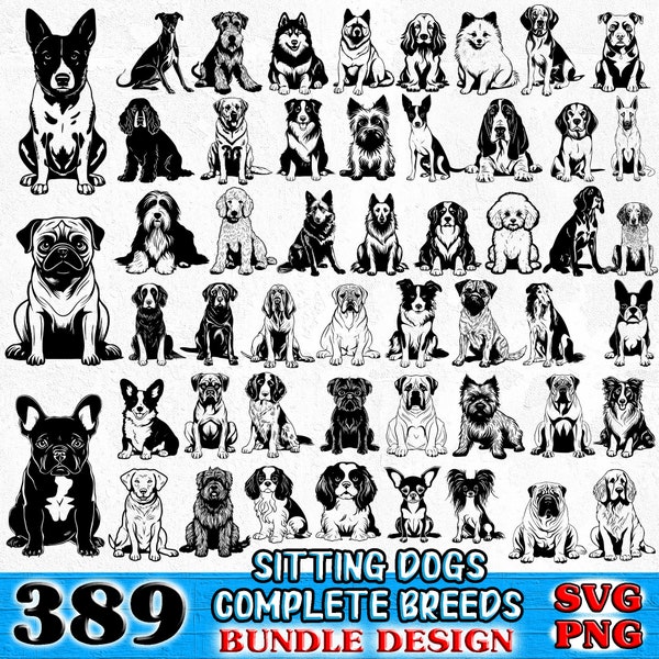 Lindos perros sentados dueño de mascotas Complete Breeds Bundle SVG, PNG descargas digitales instantáneas