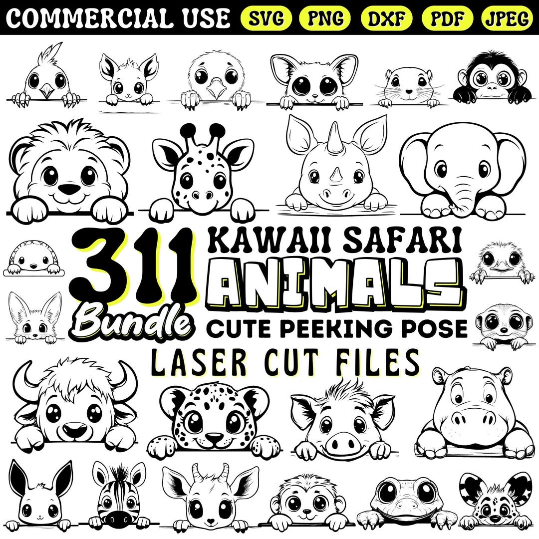 Laser Cut Files Kawaii Safari Animals Cute Peeking Pose Svg Dxf Png Pdf ...