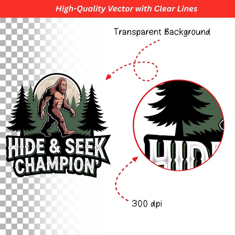 Puede incluir: Gr&aacute;fico vectorial que muestra un Bigfoot marr&oacute;n caminando frente a una luna llena y pinos. El texto "HIDE & SEEK CHAMPION" se muestra debajo de la ilustraci&oacute;n. La imagen es un vector de alta calidad con l&iacute;neas claras.