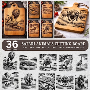 Könnte beinhalten: Holzschneidebretter mit gravierten Safari-Tierdesigns, darunter Löwen, Leoparden und Büffel. Die Bretter haben einen Griff. Der Text "36 SAFARI ANIMALS CUTTING BOARD DESIGNS" ist ebenfalls abgebildet.