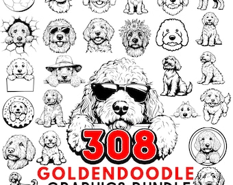 Pode incluir: Um pacote de download digital de 308 ilustrações em preto e branco de Golden Retrievers e caniches em várias poses. O texto "GOLDENDOODLE GRAPHICS BUNDLE" é exibido em letras vermelhas. O texto "SVG PNG DXF PDF EPS - COMMERCIAL USE" é exibido em letras pretas.