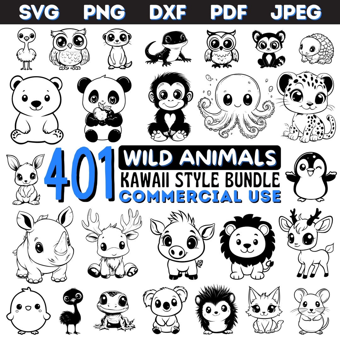 Wild Animals Kawaii Style Svg Dxf Png Pdf Jpeg Bundle Instant Digital ...