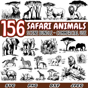 Cena de animais de safári SVG | Pacote DXF | Arquivos Cricut Cut | Silhuetas de vida selvagem da selva | Cenas de safári africano | Clipart de cena de animal