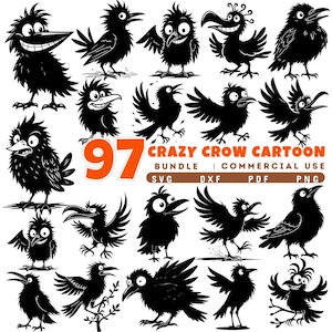 May include: A collection of 97 cartoon crow illustrations in various poses and expressions. The black and white images include crows with open beaks, spread wings, and comical faces. Text reads "Crazy Crow Cartoon Bundle | Commercial Use" with file type options.