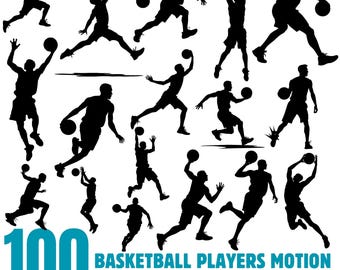May include: A collection of 100 black basketball player silhouettes in various action poses, holding and dribbling basketballs. The image includes the text "100 Basketball Players Motion Silhouettes Commercial Use" and file type options.