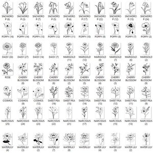 May include: Black and white line drawings of various flowers, including snowdrops, gladiolus, poppies, roses, daisies, marigolds, cherry blossoms, cosmos, sweet peas, narcissus, water lilies, and daffodils. Each flower is labeled with its name and a number.