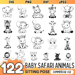 Safari Tiere Baby sitzen SVG | Dschungel Tiere DXF Bündel | Niedliche Safari-Tier-Schnittdateien für Cricut | Kommerzielle Nutzung Jungle Designs