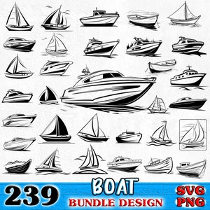 Könnte beinhalten: Ein Set mit 239 schwarzen und weißen Boots-SVG- und PNG-Designs. Die Designs umfassen verschiedene Arten von Booten, wie Segelboote, Motorboote und Yachten. Die Designs sind perfekt zum Erstellen von Bastelarbeiten, zum Scrapbooking und für andere Projekte.