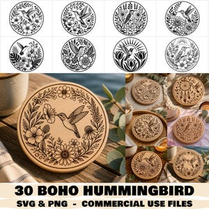 May include: A collection of circular digital designs and wooden coasters featuring black line art illustrations of hummingbirds surrounded by various floral arrangements, including daisies, tulips, and orchids, with the text 30 BOHO HUMMINGBIRD SVG & PNG - COMMERCIAL USE FILES.