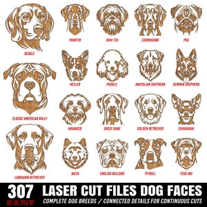以下が含まれることがあります： レーザーカットされた犬の顔のデザイン307点のセットです。デザインは白黒で、ビーグル、ポインター、シーズー、クーンハウンド、パグ、ヒーラー、プードル、アナトリアンシェパード、ジャーマンシェパード、クラシックアメリカンブリー、ハバニーズ、グレートデーン、ゴールデンレトリバー、チワワ、ラブラドールレトリバー、アキタ、イングリッシュブルドッグ、ピットブル、トサ犬など、さまざまな犬種が描かれています。デザインは、カスタムの犬の肖像画、壁の芸術、またはその他の工芸品を作成するのに最適です。