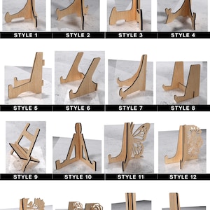 May include: A catalog image showcasing various wooden display stands. The stands are in different styles, with some featuring decorative cutouts like butterflies, flowers, and animals. The word "CATALOG" is at the top in red.