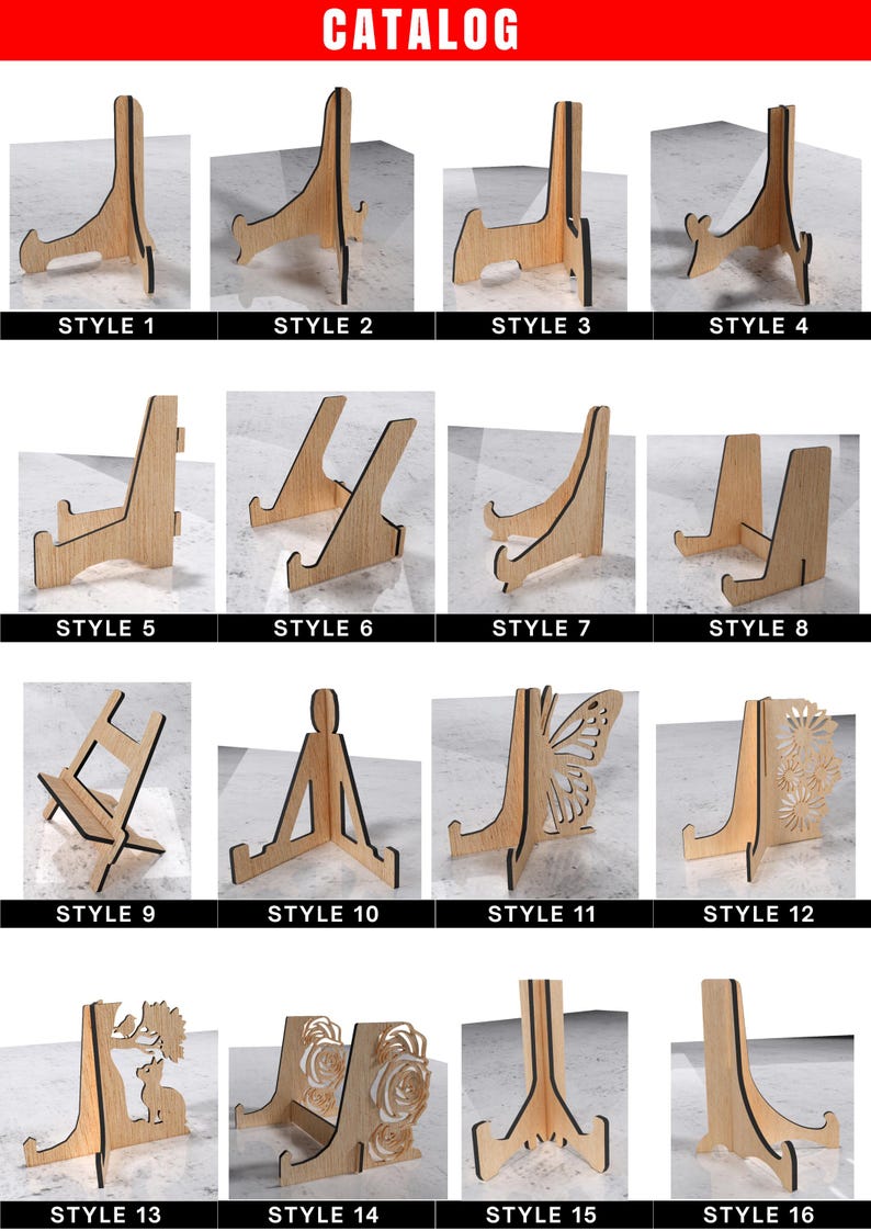 May include: A catalog image showcasing various wooden display stands. The stands are in different styles, with some featuring decorative cutouts like butterflies, flowers, and animals. The word "CATALOG" is at the top in red.