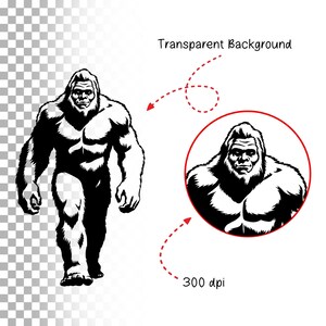 May include: Black and white illustration of a Bigfoot, a mythical creature, walking forward. The illustration is on a transparent background.