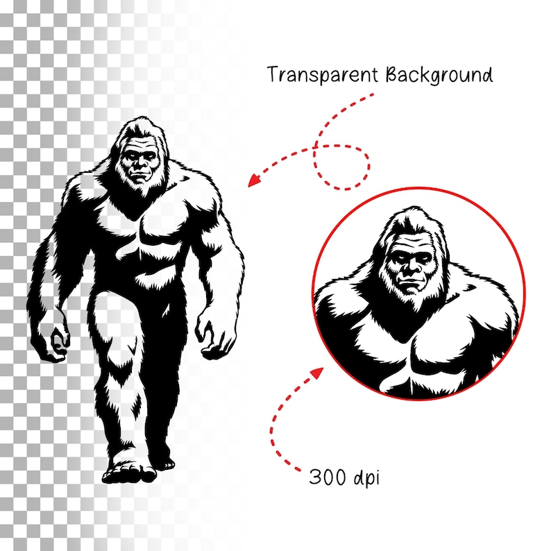 May include: Black and white illustration of a Bigfoot, a mythical creature, walking forward. The illustration is on a transparent background.