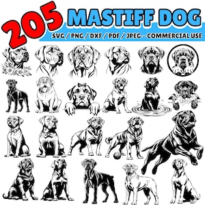 May include: A collection of 205 black and white vector illustrations of Mastiff dogs in various poses. The illustrations are suitable for commercial use and are available in SVG, PNG, DXF, PDF, and JPEG formats.
