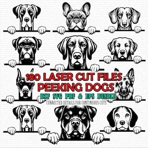 180 arquivos de corte a laser, cães espiando, arquivos completos de raças de cães, pacote de plasma CNC Svg Dxf Png Pdf Jpeg Eps Detalhes conectados - downloads instantâneos