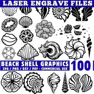 Puede incluir: Ilustraciones en blanco y negro de varias conchas marinas. La imagen incluye el texto "LASER ENGRAVE FILES" y "BEACH SHELL GRAPHICS" con información sobre tipos de archivo. También se ve el número "100".