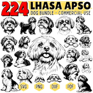 Può includere: Un set di 224 illustrazioni in bianco e nero di cani Lhasa Apso in varie pose. Le illustrazioni sono in stile cartone animato e sono perfette per l'uso in progetti digitali o di stampa. Le illustrazioni sono disponibili nei formati SVG, PNG, DXF e PDF.