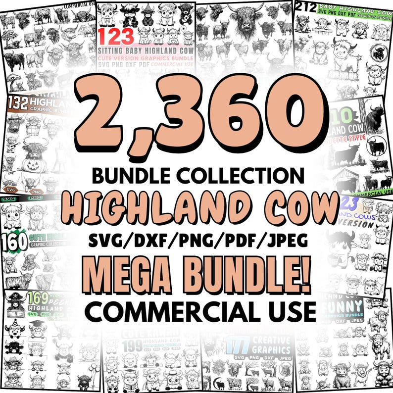 Mega pakiet Highland Cow SVG | Pliki DXF z uroczymi zwierzętami gospodarskimi | Clipart Highland Cow | Pliki Cricut Cut | Projekty Farmhouse SVG | Użytek komercyjny zdjęcie 1